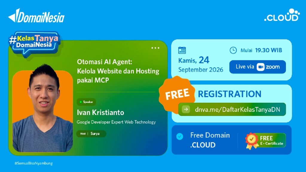 Kelas Tanya DomaiNesia webinar poster: Otomasi AI Agent, Kelola Website dan Hosting pakai MCP, with speaker Ivan Kristianto, September 24, 2026, 19.30 WIB