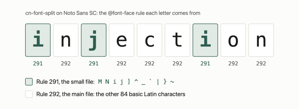 The word injection, with i, j and the second i in one colour and the other letters in another, showing which of two font files each letter comes from.